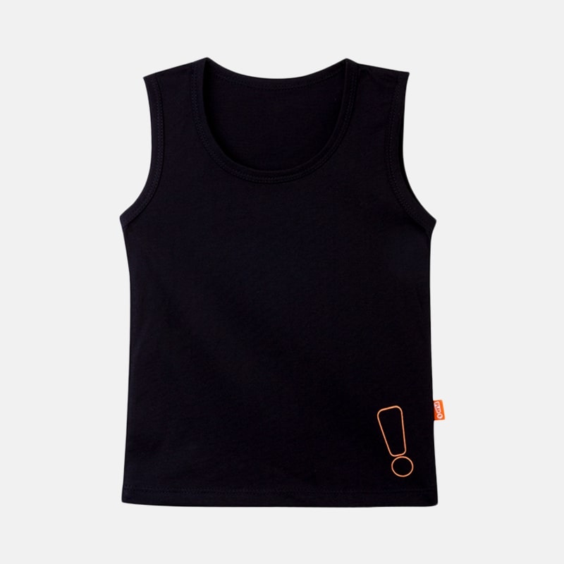 Classic black kids vest with orange exclamation print for boys