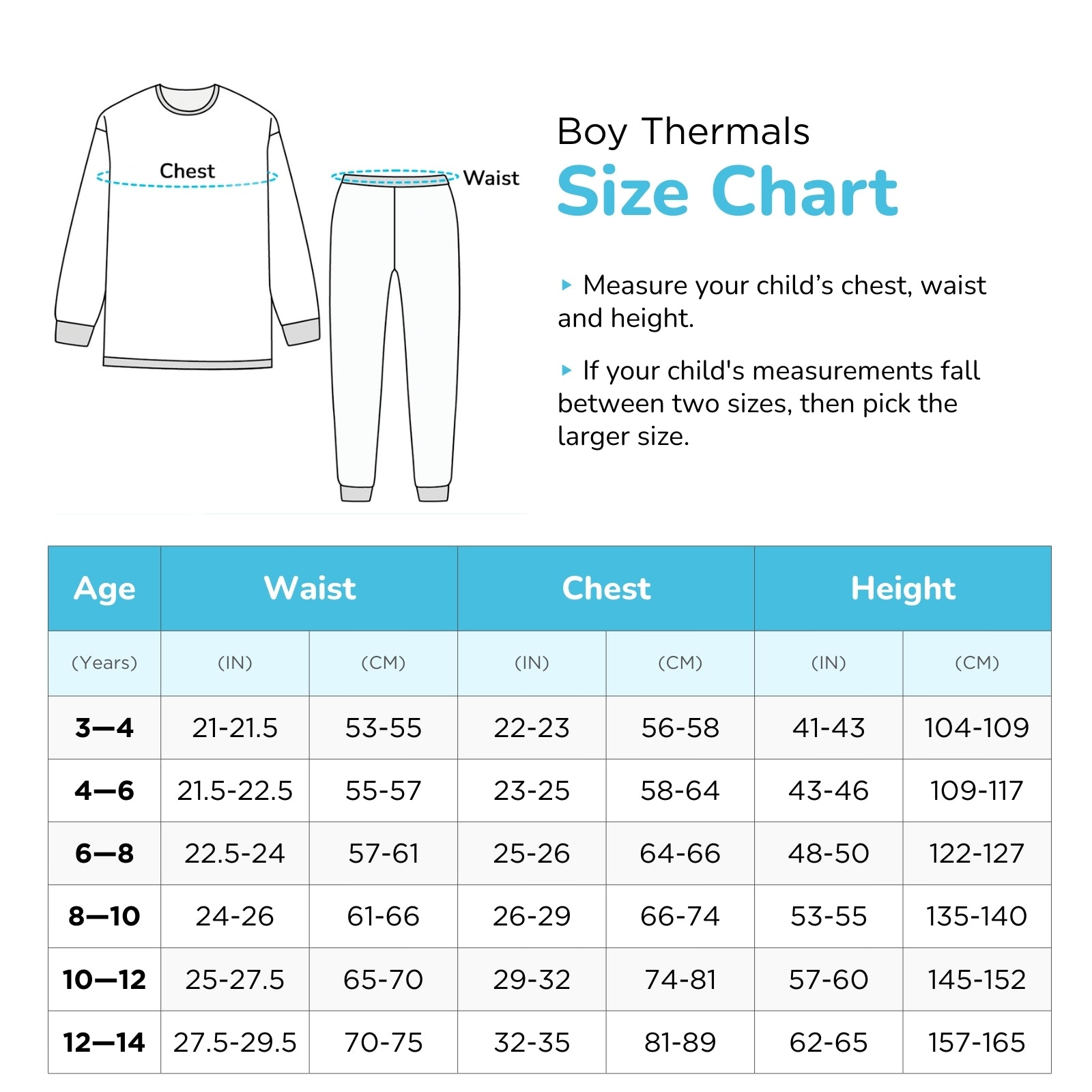 Boy thermals size chart showing measurements for waist, chest, and height across different ages.