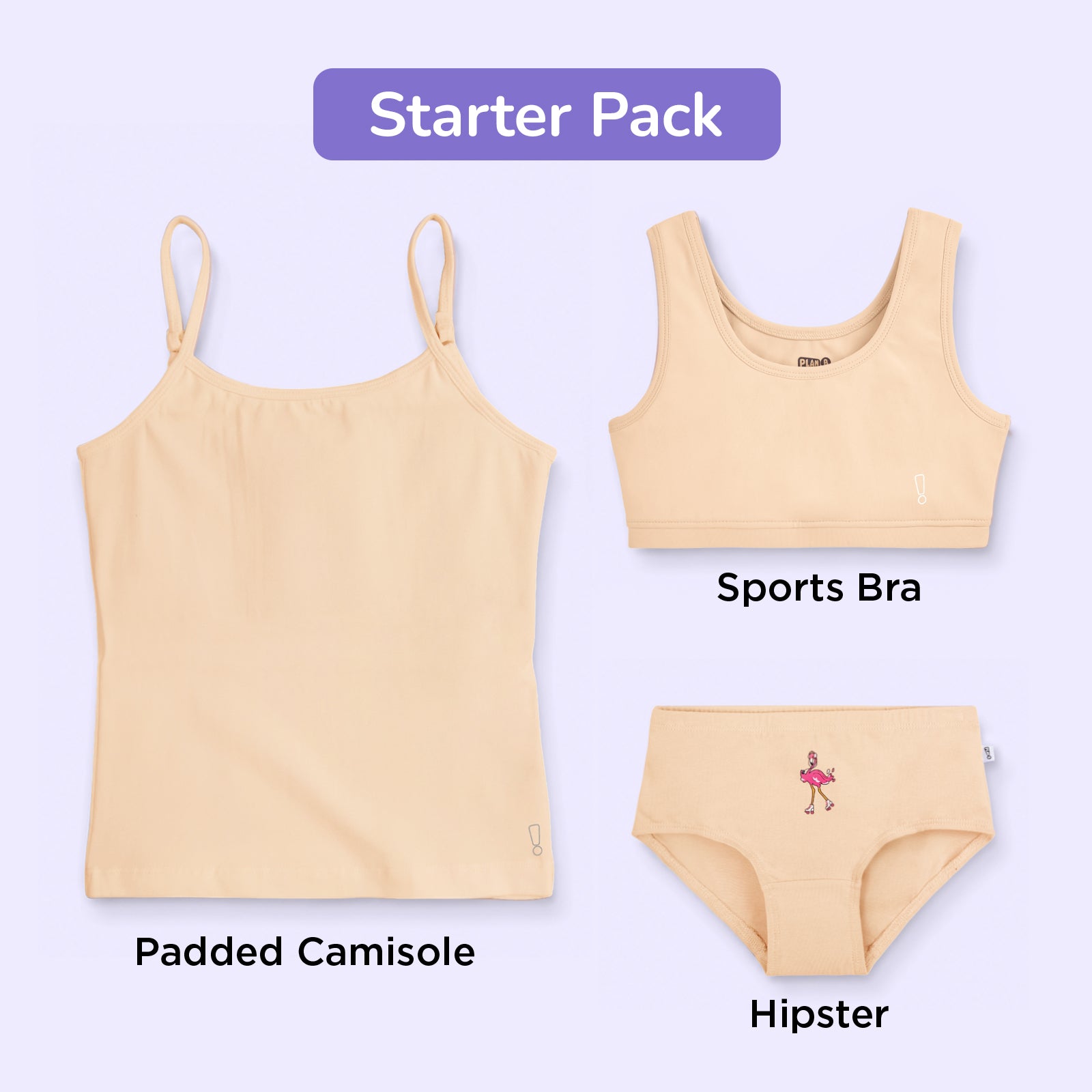 Preteen Starter Pack - Padded Camisole, Sports Bra & Hipster - Skin