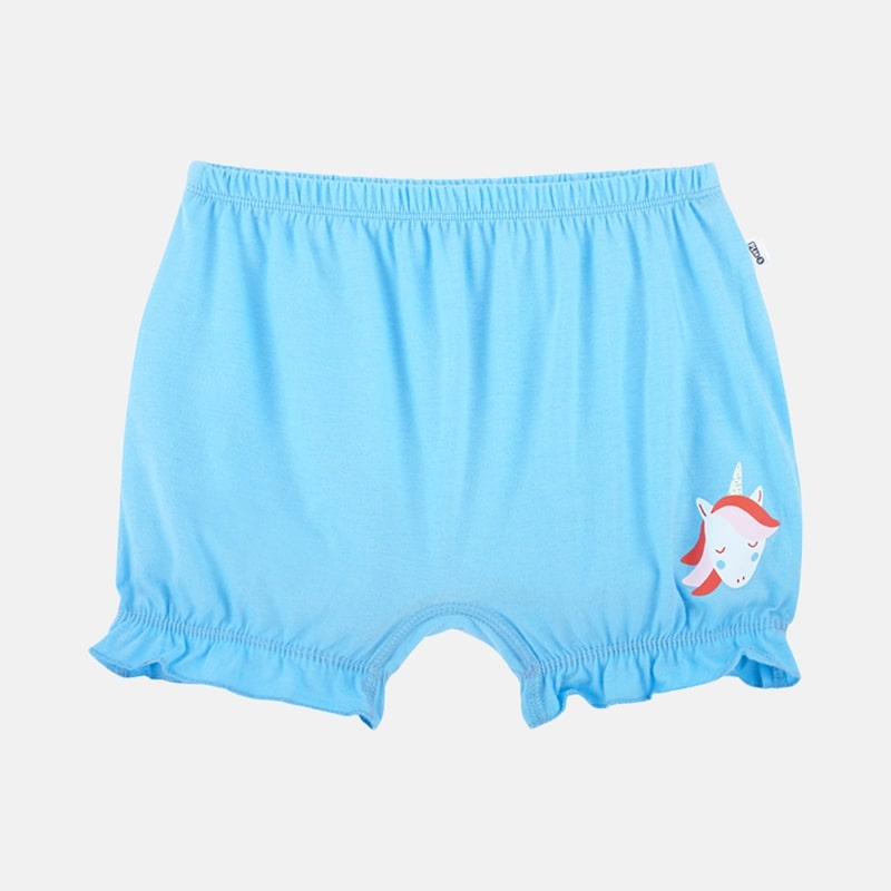 Sky blue Girl Bloomers with ruffle hem and unicorn print for girls