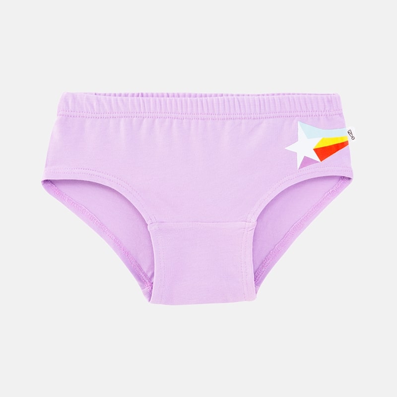 Light purple kids’ underwear with a colorful rainbow star print for girls