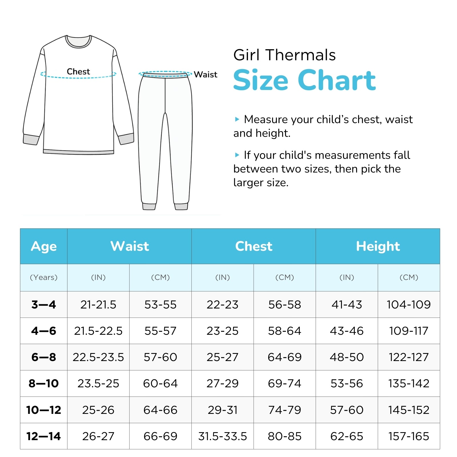 Size chart for girl thermals showing age, waist, chest, and height measurements in inches and centimeters.