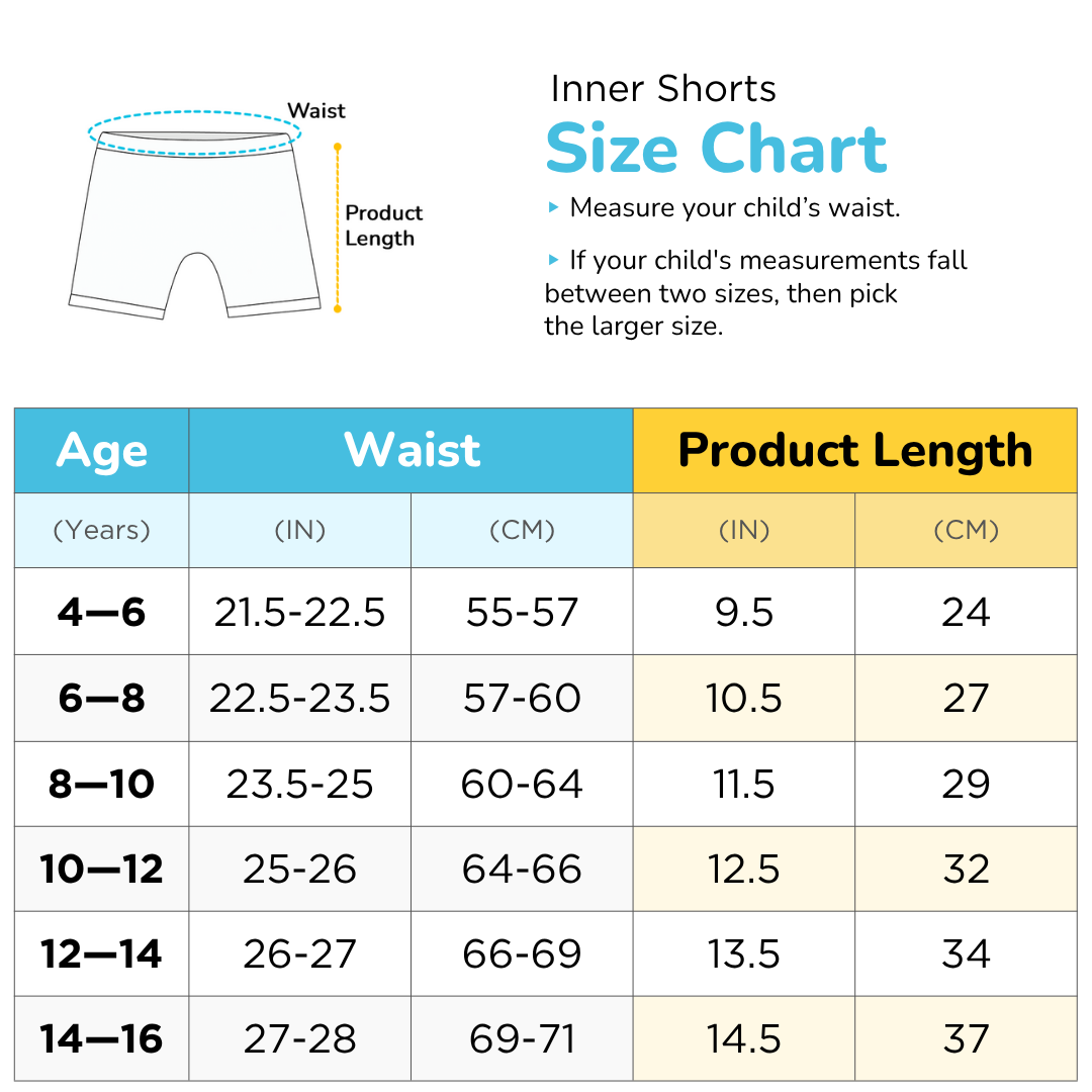 Size chart for inner shorts, detailing age, waist measurements, and product length in inches and centimeters.