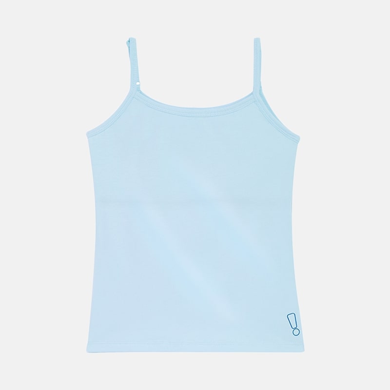 Soft blue padded preteen camisole with blue exclamation print for girls