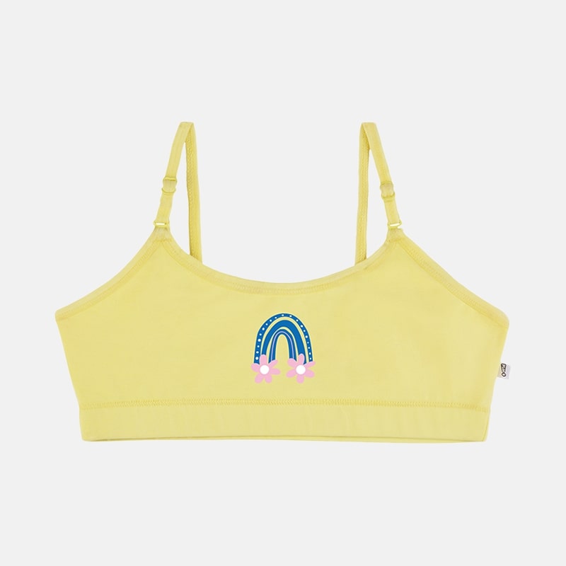 Yellow prateen training bra with flower print for girls