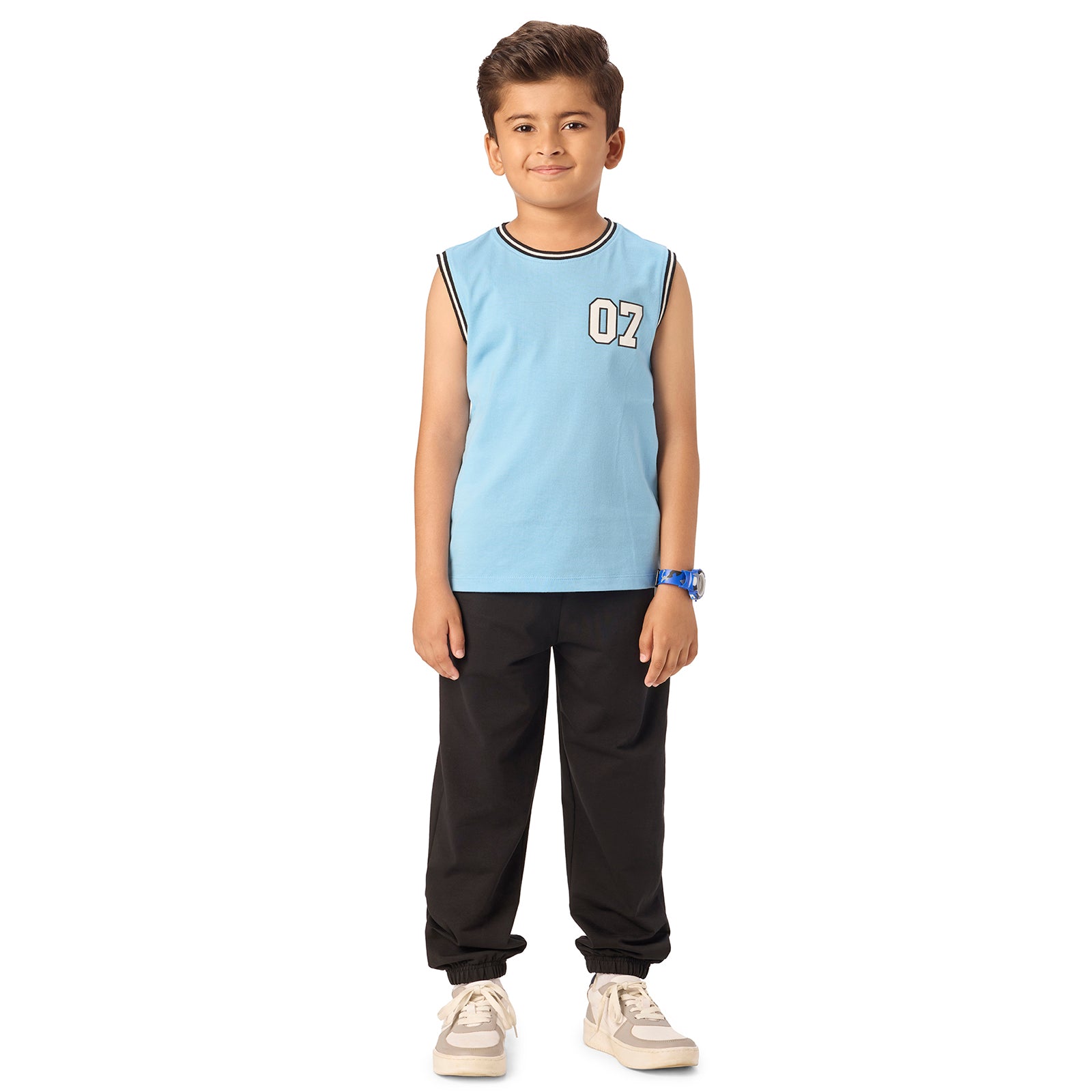 Blue Varsity Vest & Black Jogger Set