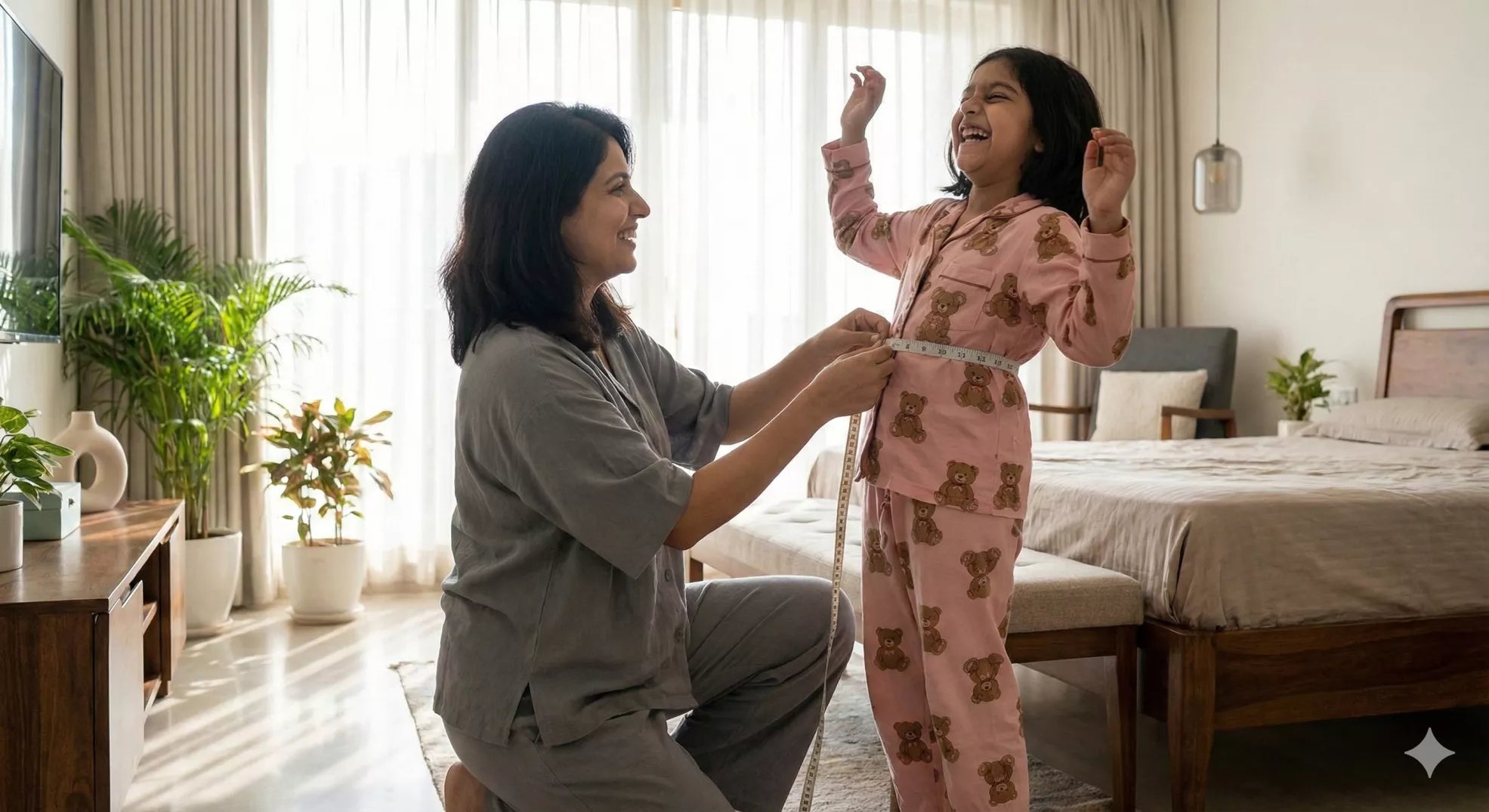 Mother measuring daughter's waist