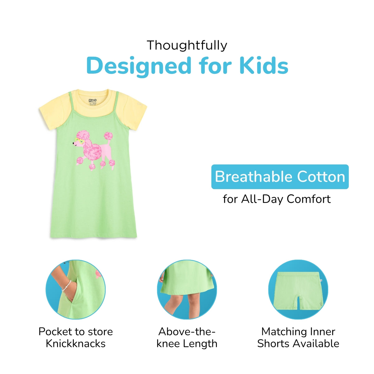 3-in-1 Green Pinafore Dress, T-shirt & Inner Shorts Set