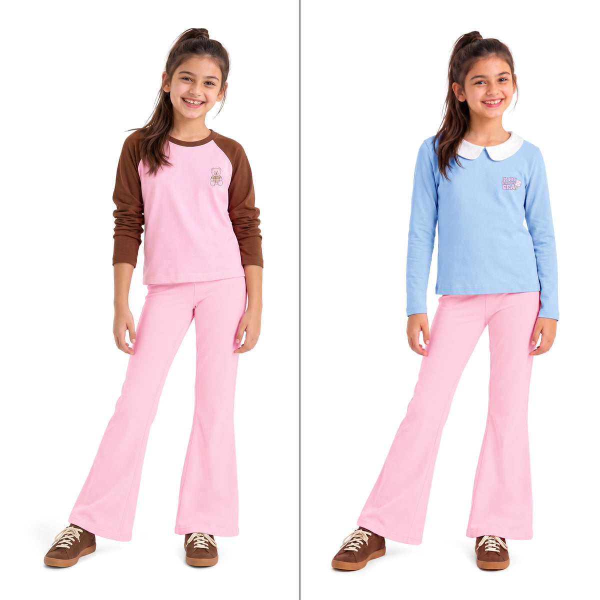 2 Pack Full Sleeves T-shirt & Flared Leggings Set