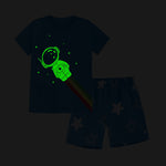 Space Tee & Shorts Nightsuit - Glow in the Dark - Blue